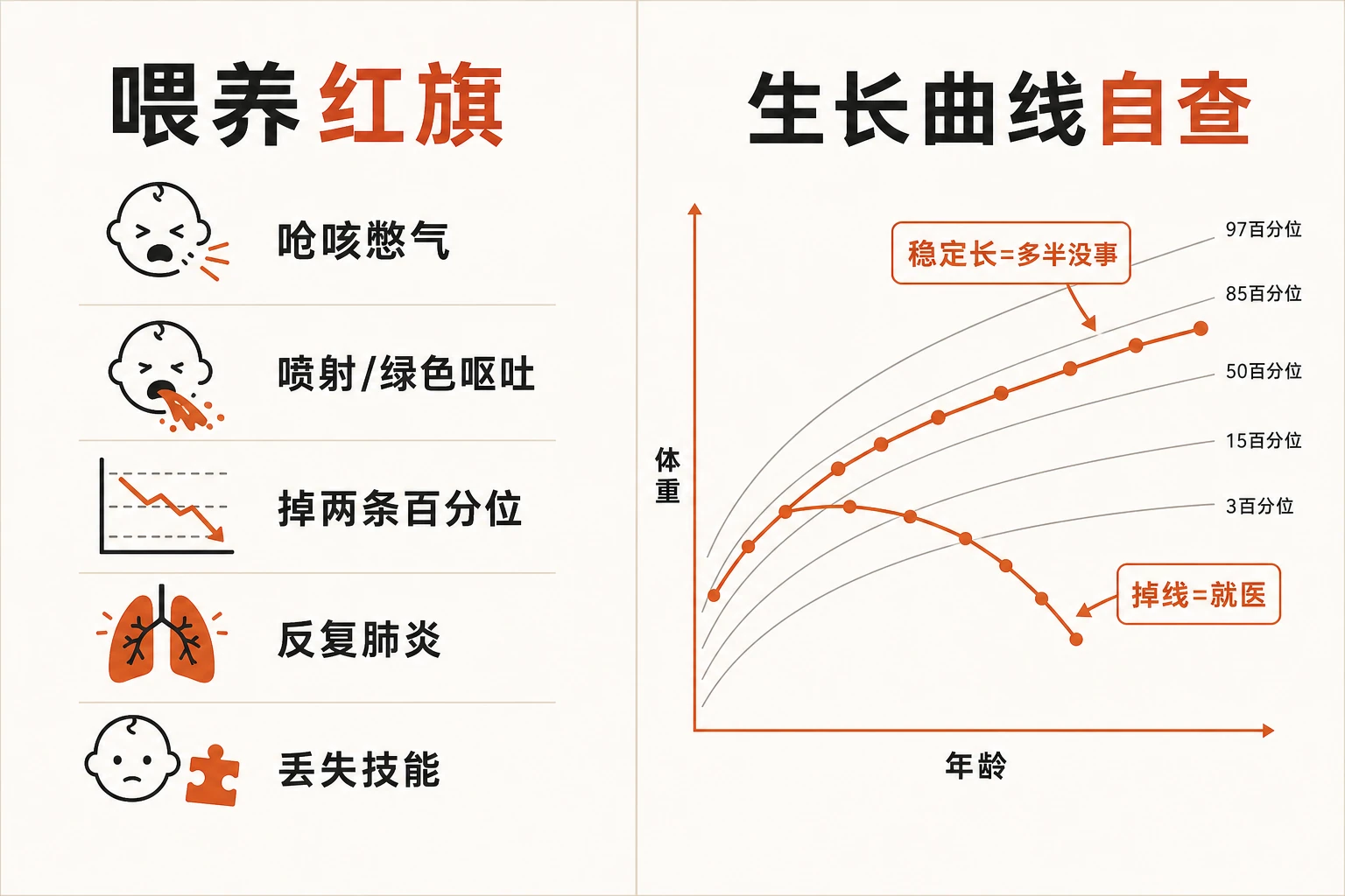 喂养红旗速认：吃时反复呛咳/憋气、吃后声音湿哑、食物含在嘴里不吞、喷射性或绿色/带血呕吐、脱水、体重下降或生长曲线跌过两条百分位线、反复肺炎、突然丢失已会的进食技能。右侧是更实用的正向自查：看孩子是否沿着自己的生长曲线稳定长。