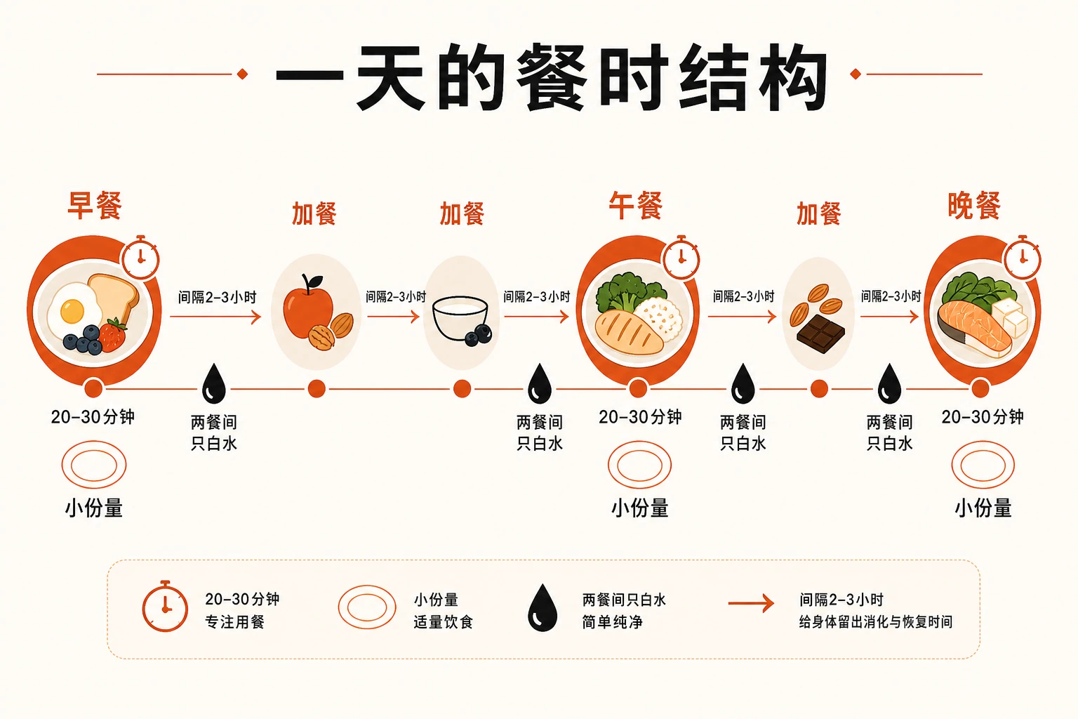 一天的餐时结构：3 顿正餐 + 2–3 次点心，彼此间隔约 2–3 小时；两餐之间只给白水（别用奶、果汁、零食垫饱）；单餐控制在约 20–30 分钟、到点收走；每次上桌只给小份量，吃完想要再添。这套「结构」就是把「吃多少」的决定权还给孩子的前提。