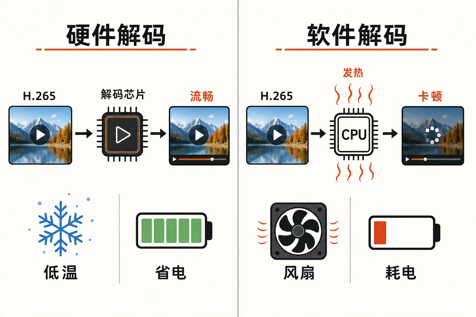 同一段 H.265：有专用解码电路的设备硬解，省电流畅；没有的只能 CPU 软解，发烫卡顿