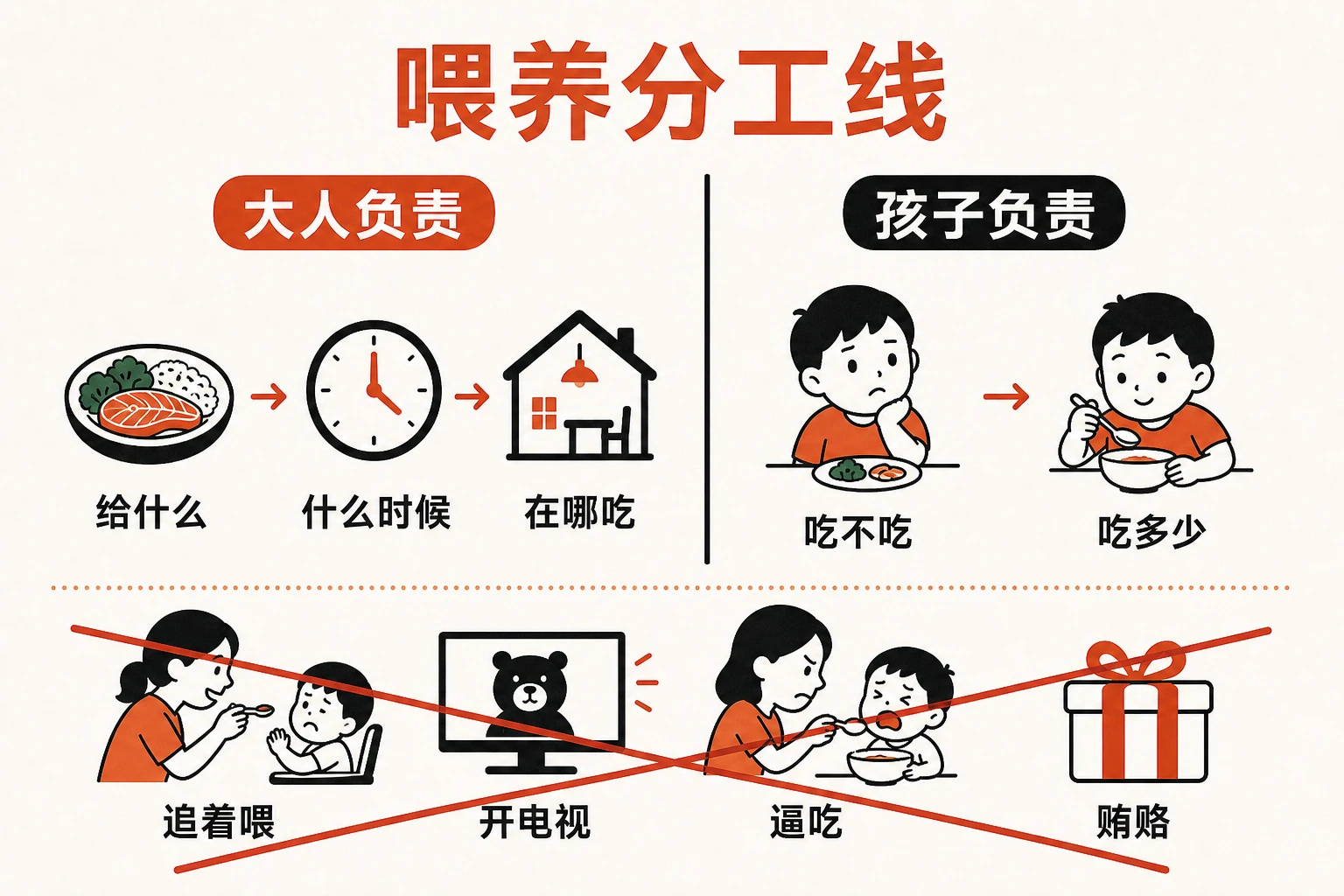 把喂养关系拉回正轨的核心是一条分工线（营养师 Ellyn Satter 提出、AAP 认可）：大人负责「给什么、什么时候吃、在哪吃」，孩子负责「吃不吃、吃多少」。越过这条线去「追着喂、逼着吃、拿零食贿赂」，只会让孩子更抗拒。