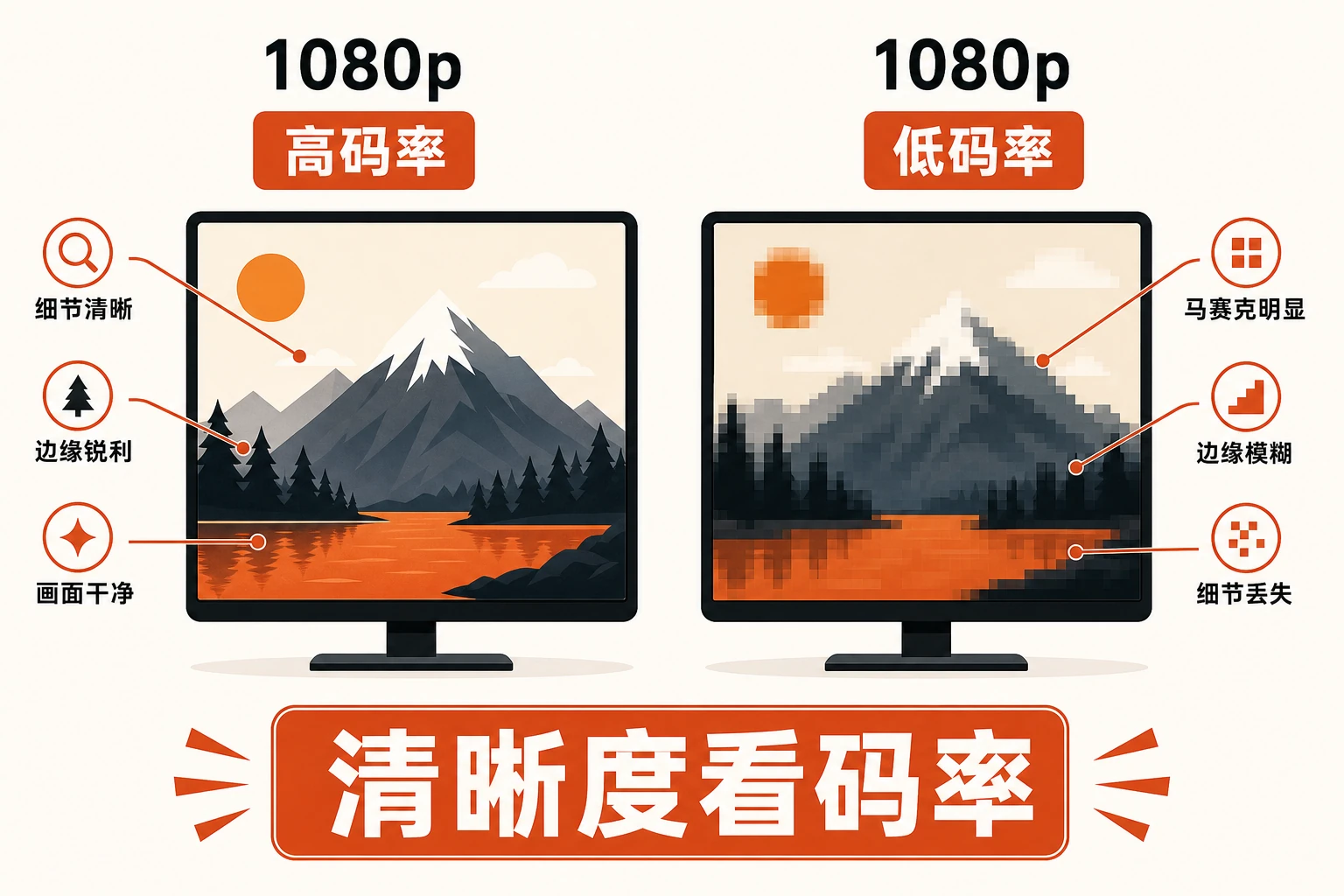 同样是 1080p，高码率画面干净、低码率出现马赛克方块和糊 —— 清晰度差距来自码率不是分辨率