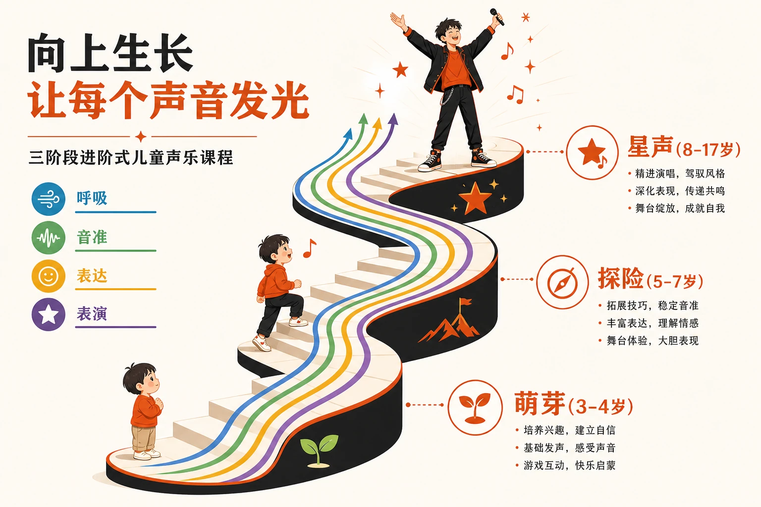 三阶螺旋课程：萌芽/探险/星声不是三套互不相干的课表，而是呼吸·音准·表达·表演四条能力线贯穿、每升一阶更深一圈的同一条螺旋。