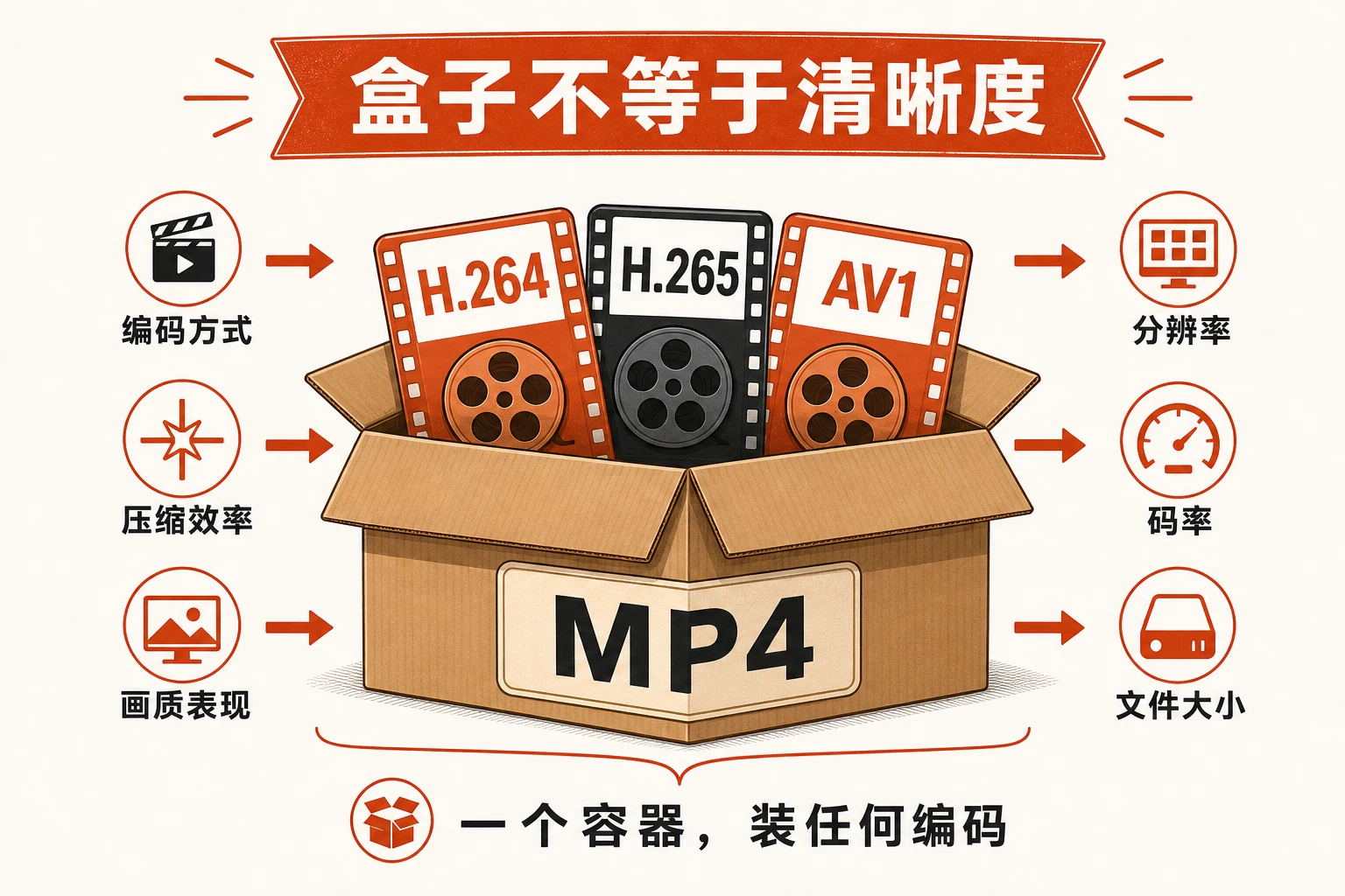 一个 MP4 盒子里可以装 H.264、H.265 或 AV1 —— 盒子一样，里面的画可以天差地别